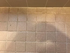 Close-up view of tiled restroom walls with visible discoloration, worn grout lines, and signs of age near the ceiling.